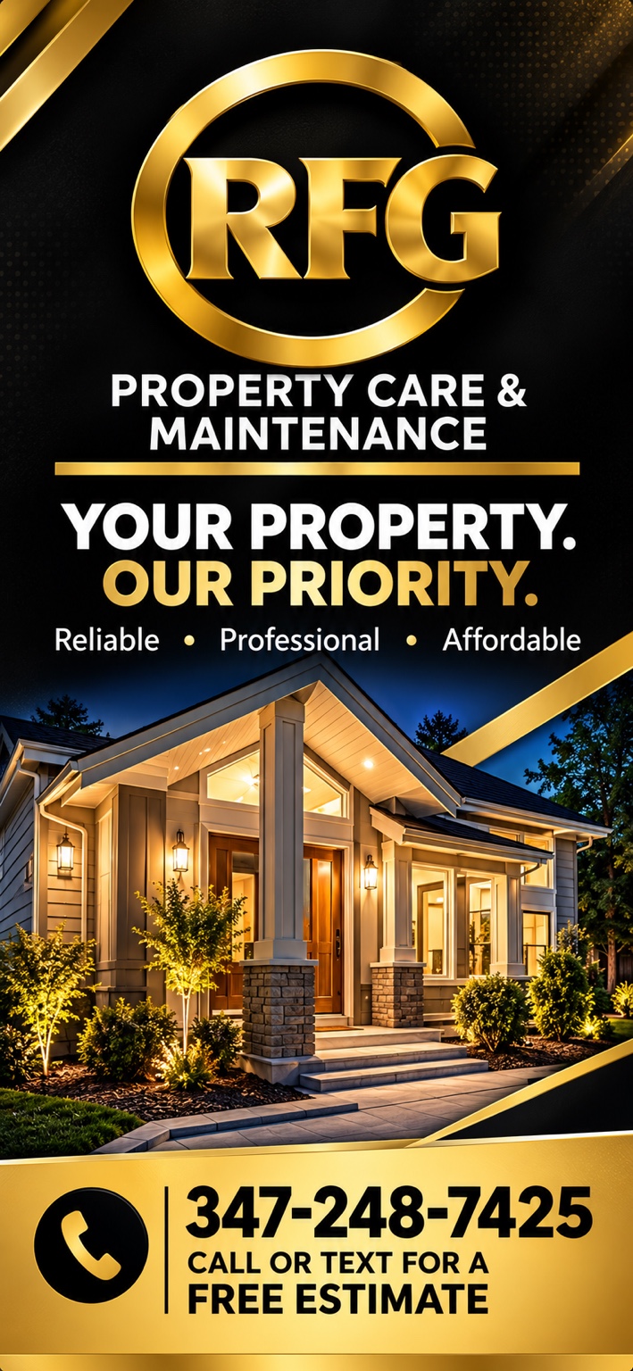 RFG Property Care and Maintenance: Your property, our priority, featuring a beautifully lit home exterior