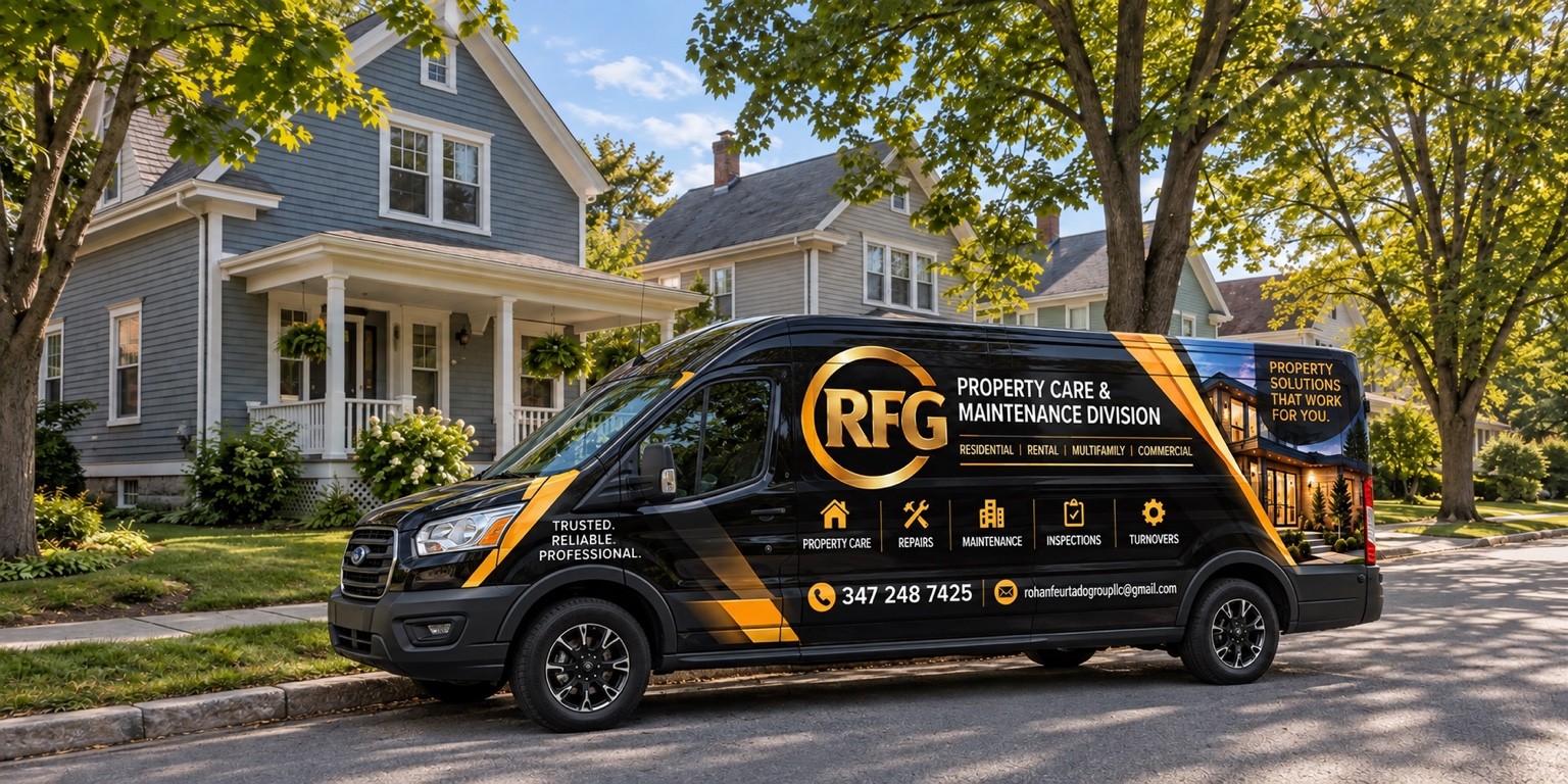 RFG black and gold service van in front of Connecticut-style homes